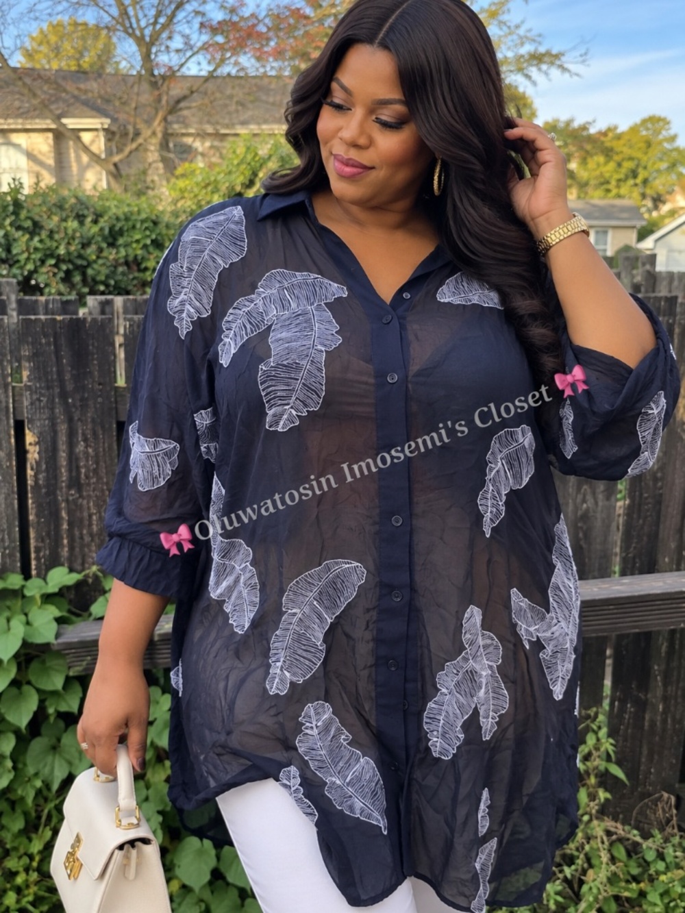 Navy Feather Print Button-Up Tunic